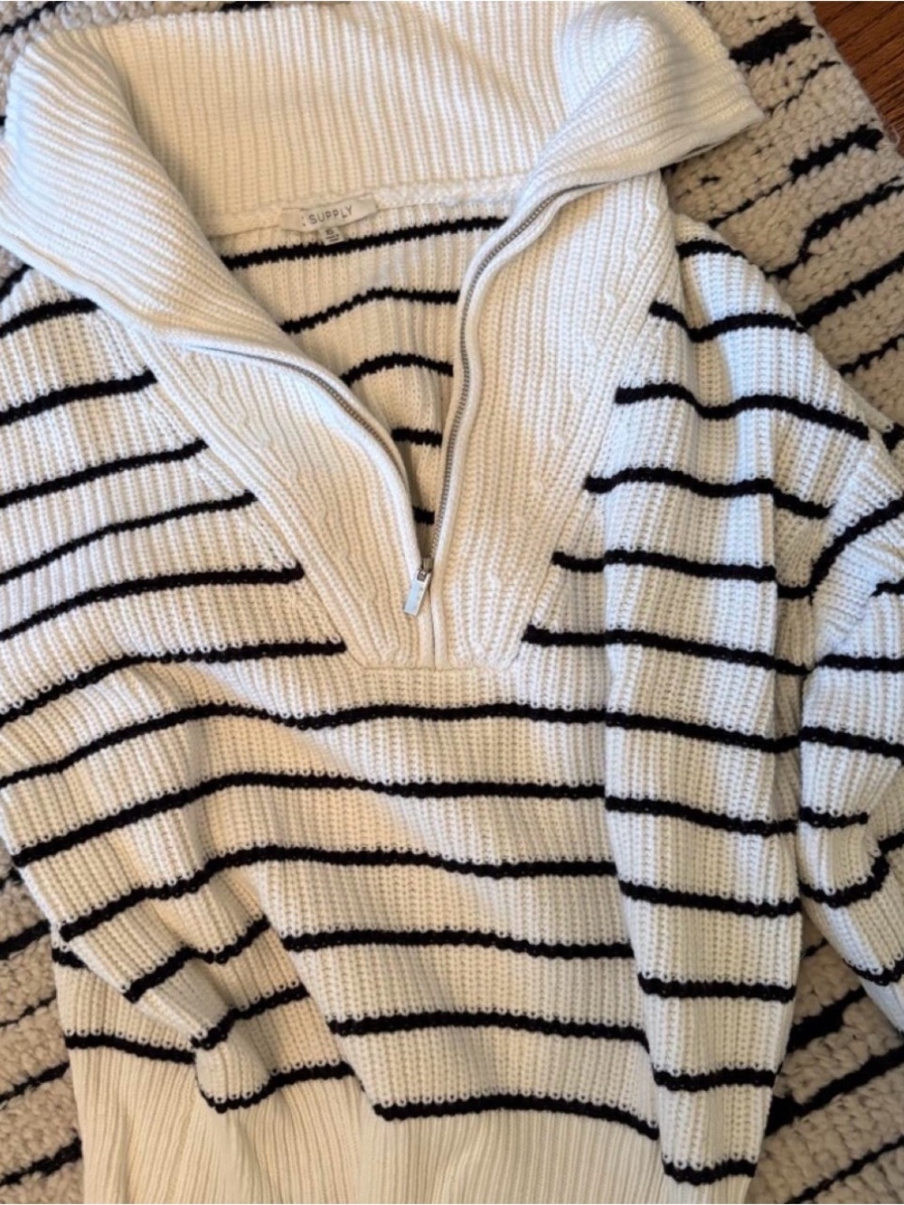 Ivory and Black Striped Half-Zip Sweater